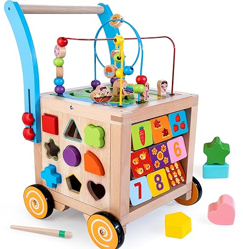 Wooden Baby Walker | Baby Push Walker with 9-in-1 Activity Cube, Sit to Stand Learning Walker Toy with Wheels for Boys Girls, Montessori Activity Center Walker, Adjustable Speed & Height