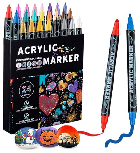 Kebuye Acrylic Paint Pens Painting Markers - 24 Colours Art Pen Set Double Sided with Dot & Fine Marker Pens for Decorating Ceramic Rock Stone Mug, Creative Drawing Supplies for Graffiti