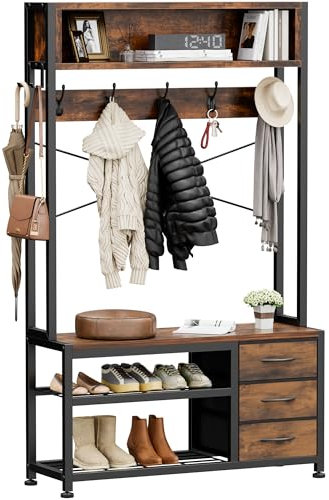 Lulive Hall Tree with Bench and Shoe Storage, 31.5 Coat Rack Freestanding with 2-Tier Storage Shelf, 6-in-1 Entryway Bench Coat Rack with 12 Hooks and 3 Drawers(Rustic Brown)