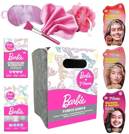 7th Heaven Barbie Pamper Hamper (Contains 4 Face Masks, 24 Spot Patches, Cleansing Cloth, Applicator, Sleep Mask, Body Puff) Pamper Gifts for Women & Girls - Genuine 7th Heaven Girls Skincare Gift Set