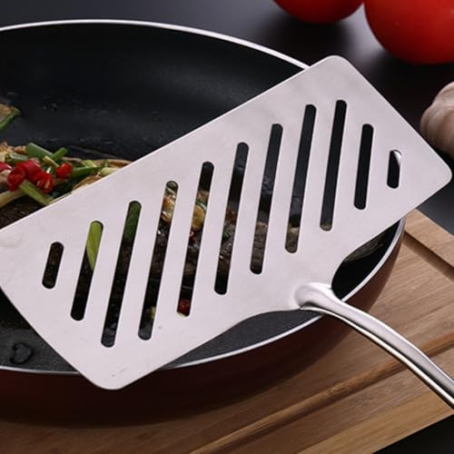 YUANGANG Pfannenwender aus Edelstahl mit Schlitzen, Fischspatel zum Wenden und Braten von Fischwendern mit leicht verstaubarer Aufhängeschlaufe, spülmaschinenfest, Silber, 36,5 cm lang