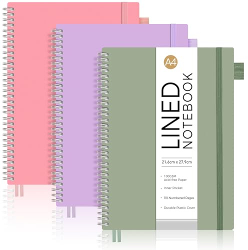 AUTEMPO A4 Spiral Notebook, 110 Lined Pages, Flexible Plastic Cover, 3 Pack | Journal for Women Men, 100 GSM Thick Paper, Notepad for Work Office School, 21.6 x 27.9cm - Green,Pink,Purple