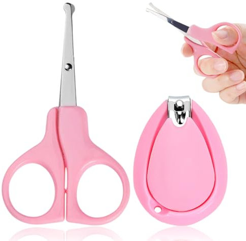 WUSJCOF 2 Stück Babypflege Nagelpflege, Babynagelschere und Nagelknipser, Nagelschere für Babys und Kinder, Edelstahl-Babyschere abgerundeten, Schutzhülle, rutschfester Gummigriff