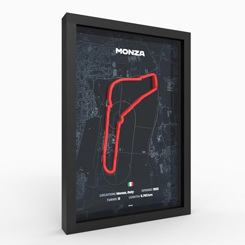 Monza 3D Poster im Holzrahmen I A4 I Hochwertiger 3D Druck I 2000dpi | 280g Papier I 3D Rennkunst als Deko für Wand I Büro & deinen Schreibtisch oder als Geschenk I Fahrzeug I Acrylglas-Front