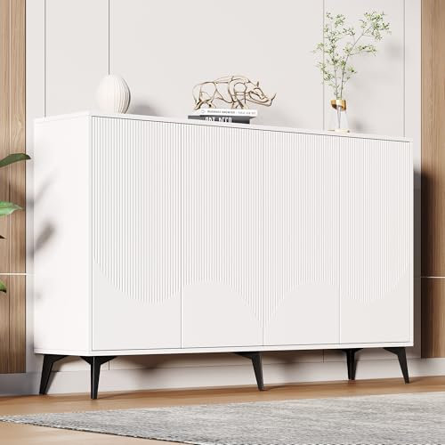 BNUZ Weiß Sideboard Breite 160 cm, Multifunktionales Sideboard,Kommode, Highboard mit verstellbaren Einlegeböden, 4 Türen, Metallbeine