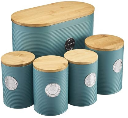 Cooks Professional 5 Piece Ribbed Tea Coffee Sugar Bread & Biscuit Cannisters with Air-Tight Bamboo Lids | Stainless Steel Kitchen Storage Bin Set | Modern & Stylish | Teal & Silver