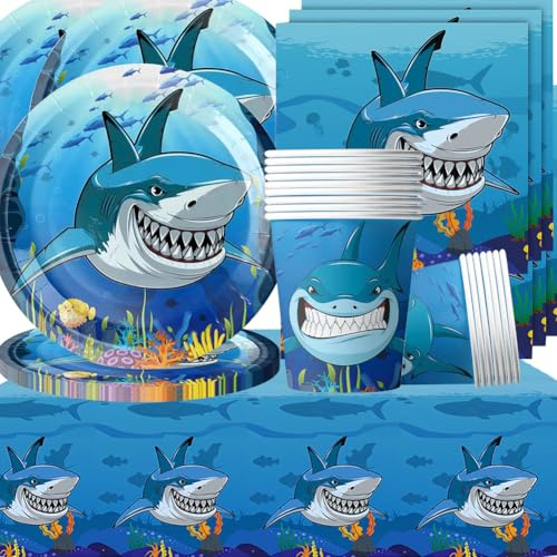 Stoviglie per Feste Squalo,Doyomtoy Animali Oceanici Compleanno Squali Decorazioni Ocean Sea Piatti di Compleanno, Tazze, Tovaglioli per Bambini Compleanno Favors 20 Ospiti