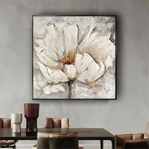 Cuadro de flores blancas, lienzo para pared, pintura al óleo abstracta, lienzo texturizado, decoración moderna para el hogar y la sala de estar, 70 x 70 cm (28 x 28 pulgadas) con marco negro