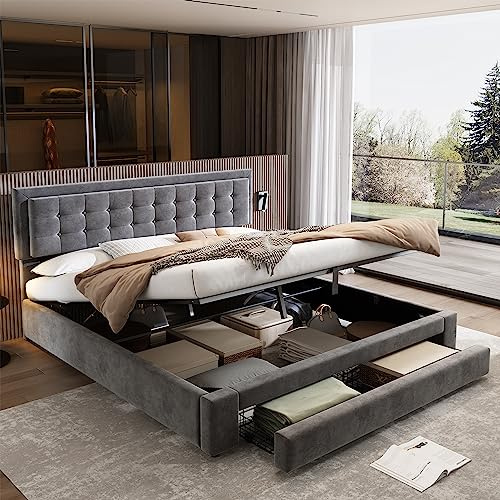 Laxnb Doppelbett Bett 160x200 cm Polsterbett, Jugendbett Bett mit Stauraum und Verstellbares Kopfteil, Schubladen und Hydraulisches Stauraumbett Bettgestell mit Lattenrost, Ohne Matratze, Samt Grau