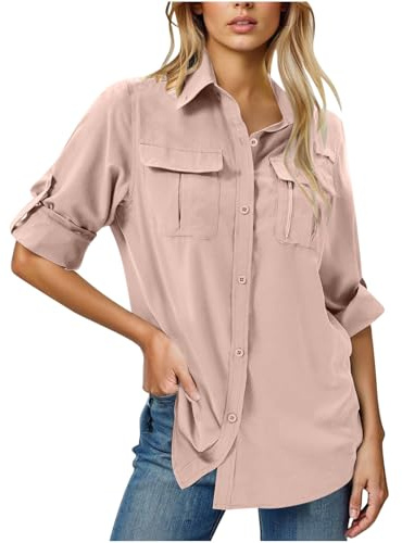 Womens UV Sun Protection Shirt UPF 50 Long Sleeve Button Down Safari Shirts Ladies Fishing Hiking Blouse with Pockets Pink