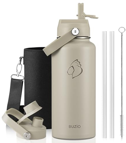 BUZIO Insulated Water Bottle 1L Stainless Steel with Straw & Spout Lid | Metal Water Bottle Keeps Cold 48 Hrs Hot 24 Hrs with Strap, Leakproof Drink Bottles, BPA-Free, for Gym, Travel, Sports