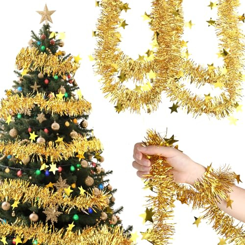 20M Lametta Weihnachtsbaum Girlande Weihnachten, Weihnachtsbaum Lametta Girlande mit Sternen, Christbaumschmuck Gold, Weihnachtsgirlande für Weihnachtsbaum Deko Weihnachtsbaumschmuck Gold