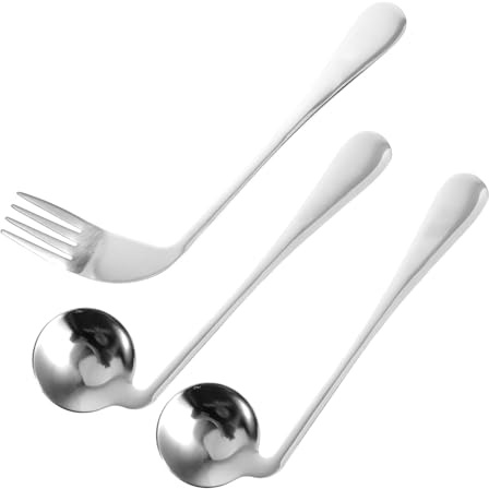 Juego de Cuchara y Tenedor Angulares de Acero Inoxidable Plata | 1 Set, Diseño Curvo y Ligero, para Personas Mayores y Pacientes, Agarre Cómodo y Seguro