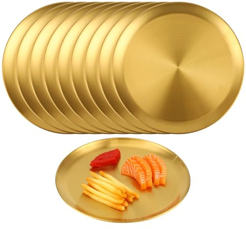 Calolin 10 PCS Golden Stainless Steel Plates, 10 Inch Large Round Shallow Plates, Elegant Brushed Stainless Steel Dish Dinnerware, Food Serving Tray for Home, Party, Restaurant, Cafeteria