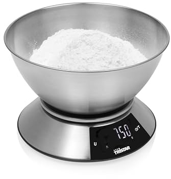 Tristar Küchenwaage mit 2 L Schüssel, 5 kg Kapazität, 1 g Teilung, Edelstahl, LED-Display mit Touch-Bedienung, Tara- und Abschaltautomatik, KW-2453