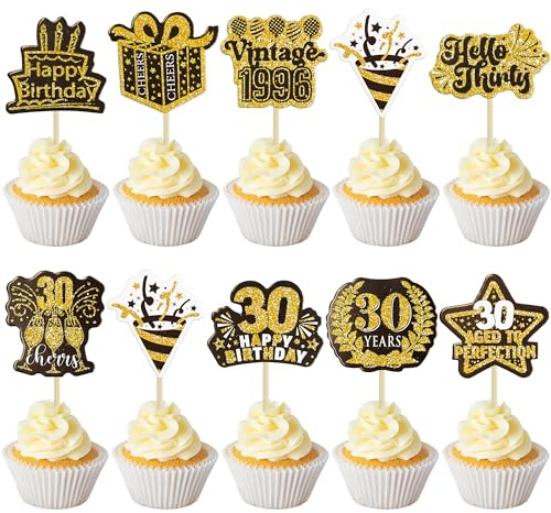 Ephlyn 40Pcs Happy 30th Birthday Cupcake Toppers Double Sided Thirty Hello 30 Vintage 1996 Cupcake Picks Straight Outta 1996 Cake Decorations for Cheers to 30 Years 30th Birthday Party Supplies