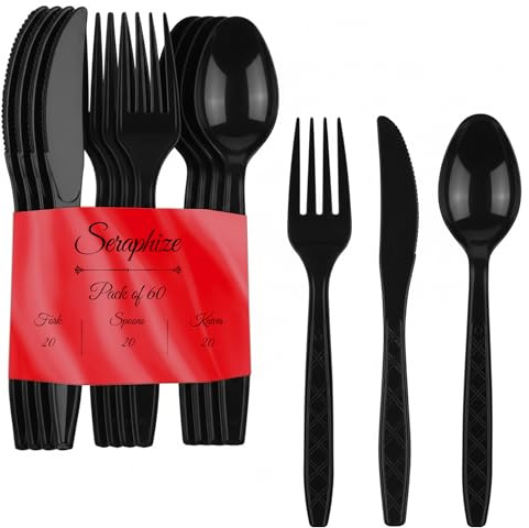 Seraphize Plastic Cutlery Set Pack of 60 (20 Spoons, 20 Fork & 20 Knives) Strong, Durable & Lightweight | Heavy Duty Reusable Cutlery Set | Dining Utensils for Events & for Everyday Personal Use