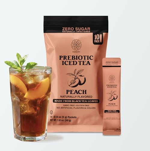 Harmony Prebiotic Iced Tea Stick Packs, Peach - Zero Sugar Peach Iced Tea Drink Mix Packets with 3g Prebiotic Fiber, Caffeinated Instant Black Tea, Dairy Free, Gluten Free, 10 Count