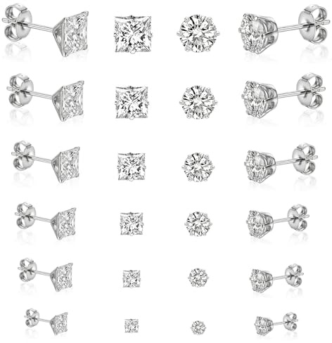 12 Pairs Silver Stud Earrings for Women Men, Hypoallergenic Earrings, Silver Surgical Steel Cubic Zirconia Ear Studs Set, Round & Square Earrings for Men Women, Size 3/4/5/6/7/8mm