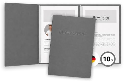 10 Stück 3-teilige Bewerbungsmappen favorit Steingrau mit 2 Klemmschienen - sehr stabiler 350 g/m² Naturkarton mit eindrucksvoller Relief-Prägung BEWERBUNG - direkt vom Hersteller STRATAG