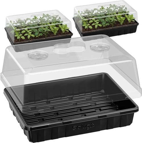 SOLIGT [Thick Plastic] 3-Set Strong Seed Starter Trays with 5 Humidity Domes for Seed Starting, Germination, Seedling Propagation & Plant Growing, Holds 144 Cells in Total