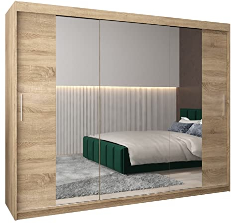MEBLE KRYSPOL Kleiderschrank mit Spiegel Tokyo 2 - Garderobenschrank - Schrank Schlafzimmer - Mehrzweckschrank DREI Schiebetüren - Regalen - Flur Möbel - Kleiderstange Schrank - Allzweckschrank