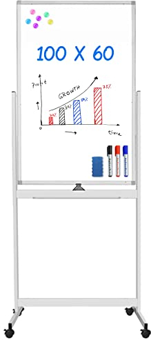 Tableau Blanc Effaçable sur pied 100 x 60 cm, Surface d'écriture Magnétique Double Face, Effaçable à Sec avec Cadre en Aluminium, Paperboard Chevalet pour Salle de Classe, Maison, Bureau