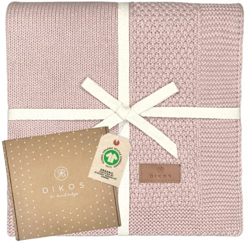 DIKOS® Babydecke GOTS *100%* Bio Baumwolle Altrosa | Neugeborenen Baby Decke | Strickdecke mit Bordüre ganzjährig | Kuscheldecke Strickdecke Kinderwagen | Erstausstattung Geschenk zur Geburt Mädchen