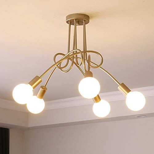 iDEGU Lámpara de techo industrial retro de metal, lámpara de araña, pantalla E27, moderna lámpara colgante para salón, dormitorio, comedor (color dorado, 5 lámparas) sin bombilla