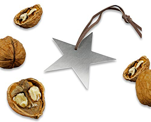 Cascanueces de acero inoxidable auténtico, forma de estrella, incluye correa de cuero, 6,8 x 6,8 cm, envuelto en celofán, ideal como colgante o pequeño regalo.