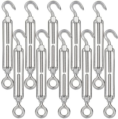 Acrux7 10 PCS M6 Turnbuckle Hook and Eye 304 Stainless Steel Turn Buckles Heavy Duty Adjustable Wire Tensioner Cable Turnbuckle Kit for 1/8 1/4 Inch Cables Wires, Rope Tension, Sun Shade Sail, Cmaper