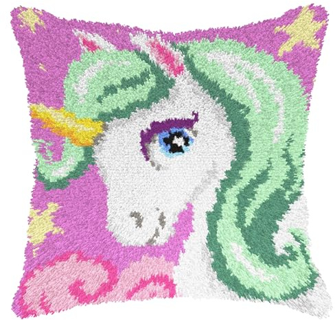 Knüpfkissen-Set, Motiv Einhorn auf rosa Orchidee, 40 x 40 cm