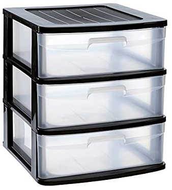 Acan Tradineur - Cajonera sena 3 cajones, plástico negro, 40 x 39 x 49,5 cm, torre de almacenaje, cajones opacos, organizador auxiliar multiusos, almacenamiento, dormitorio, baño, oficina