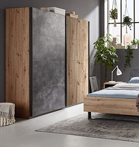 Dmora Kleiderschrank mit 2 Schiebetüren mit Kleiderstange, Geräumiger Kleiderschrank für Schlafzimmer, Made in Italy, cm 251x60h223, Farbe Eiche und Anthrazit
