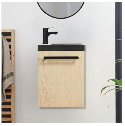MOB-IN Meuble Lave-Mains Nevada Décor chêne Vasque Noire + Robinet Noir