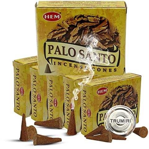 Palo Santo Incense Cones and Burner Holder Bundle from Hem Incense Trumiri for Smudging and Aroma - Pack of 6 (Approx 60 Cones)