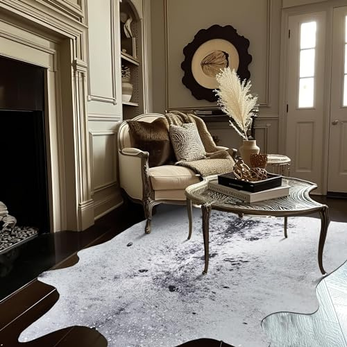 jinchan Cowhide Area Rug with Silver Foil Print Faux Grey Area Rug 5x7 Living Room Cow Hide Indoor Floor Cover Animal Skin Alternative Bedroom Carpet Western Theme Safari Decor
