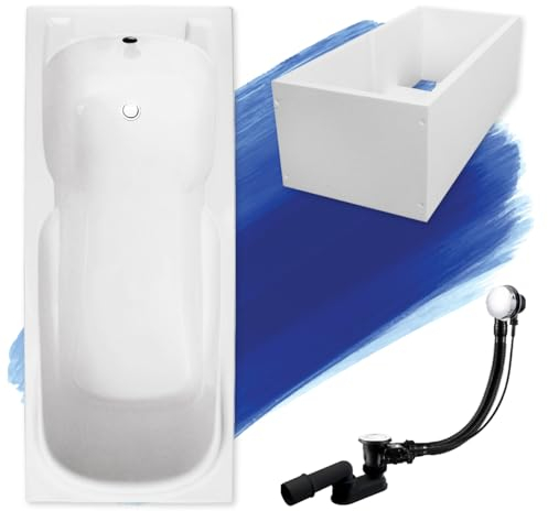 BADLAND Badewanne Original Weiß Acryl Wanne Rechteck MAJKA 120x70 KOMPLETTSET SET mit Premium Wannenträger + Füßen und Exklusive Chrom Automatik Ablaufgarnitur Made in EU 4in1