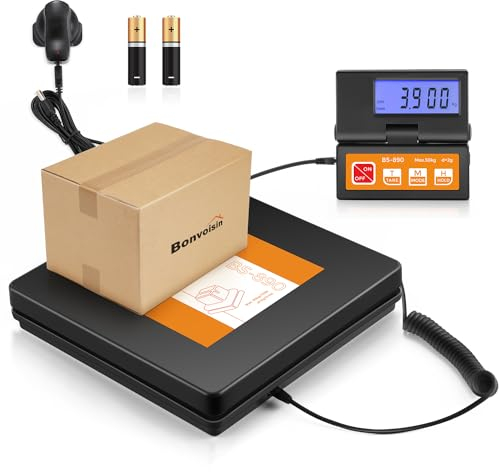 Bonvoisin Paketwaage Postwaage Digitale 50kg/110lb,2g Plattformwaage mit separatem großem LCD-Display, 2 AAA-Batterien und EU-Netzadapter enthalten, g/kg/oz/lb mit Stable & Hold-Anzeige