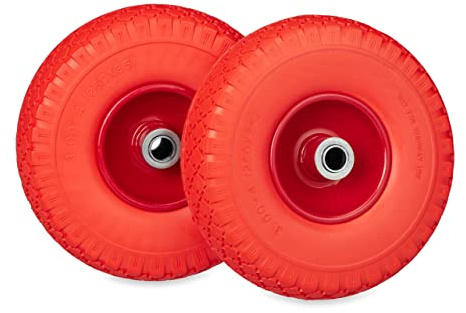 Relaxdays 3.00-4 Ruota per Carrello, Set da 2, Gomma Piena Cerchione Acciaio Antiforatura Fino a 100 kg, Rosso Arancione