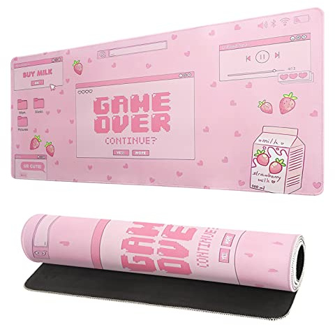 Pink Gaming Mouse Pad 31.5 X 11.8 Inch Pastel Game Over Large Mousepad Kawaii Office Decor for Women Non-Slip Rubber Base Stitched Edges Keyboard Mouse Mat Desk Pad for Office Home and Game