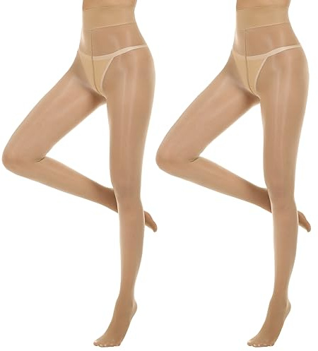 Yilanmy Damen Strumpfhose Glänzende Sexy Öl Glanz Strumpfhosen 15 Denier Hohe Taille Feinstrumpfhose Damen Ultradünne 2 Paare