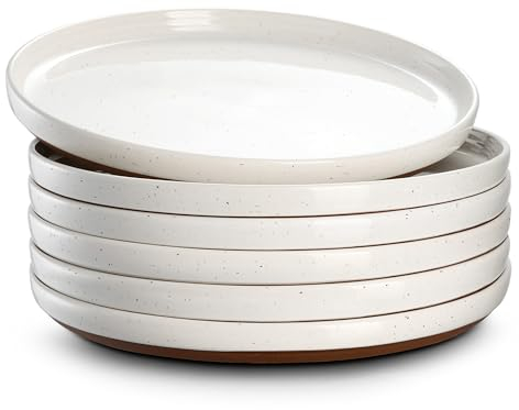 DOWAN Platos de Postre de Gres, 21cm Plato de Cerámica, Plato de servir, 6 Piezas, Plato llano para Ensalada de Desayuno, Pasta - Vainilla Blanca
