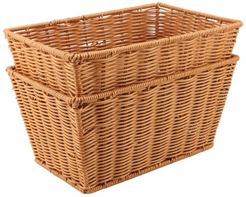 JOIKIT 2 Pack Rectangular Wicker Storage Basket, 30 x 20 x 15cm Imitation Rattan Basket, Deep Bread Basket for Kitchen, Home