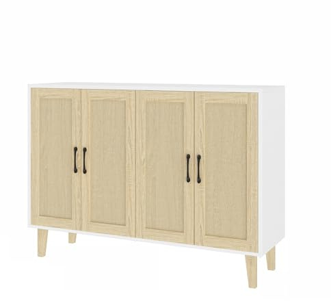 Panana Meuble de Rangement en Rotin et MDF, Buffets Haut Aspect avec 4 Portes sur Salon, Chambre, 127 x 38 x 83 cm (Blanc et Bois), MEFRSB58