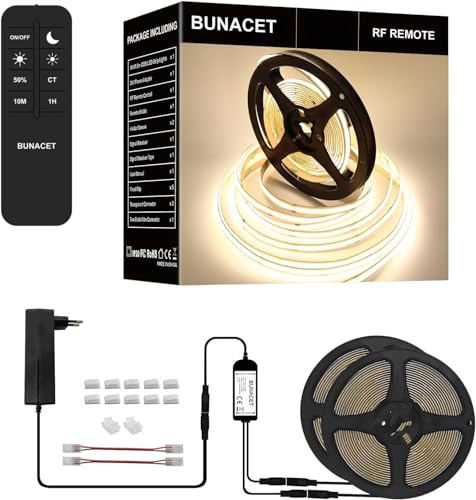 BUNACET 12M COB LED Weiß Strip Set 4000K 24V Strip Light | 480 LEDs/m CRI92+ Flexibel LED Band Beleuchtung für Schlafzimmer,Wohnzimmer,Gaming Zimmer Wohnzimmer,Schrank,Innen