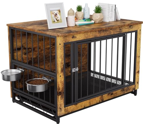 Hundekäfig für Zuhause, Holz Hundebox, 93x64x58cm, Hundehütte mit 2 Hundenäpfe und Tür, Hundehaus für Drinnen mit Abnehmbares Tablett, Hundebox für Mittelgroße Kleine Hunde bis zu 40kg, Holzfarbe