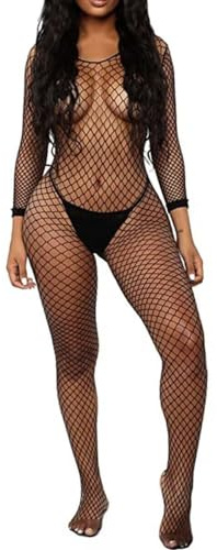XIUSEMY BodysuitSexy para mujeres Bodystocking de red de pez Traje de una pieza Ropa interior de noche(QWY-Black