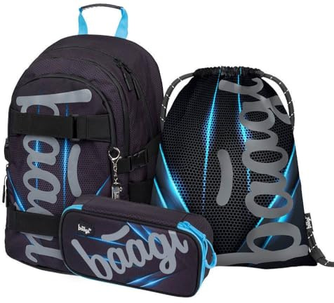 Baagl Schulrucksack Set Jungen Mädchen 3 Teilig, Schultasche ab 3. Klasse, Grundschule Ranzen mit Brustgurt, Ergonomischer Schulranzen (Skate Bluelight)