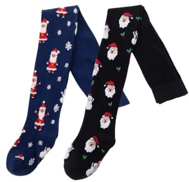 Silkglory 2 st julstrumpor för flickor, leggings för flickor med mönster med julelement, bomullsbyxor för nyfödda, småbarn, röd, 2–12 år, Blå svart, 7-9 år